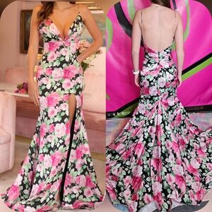 Backless Pink Floral Spaghetti-Strap Evening Gown